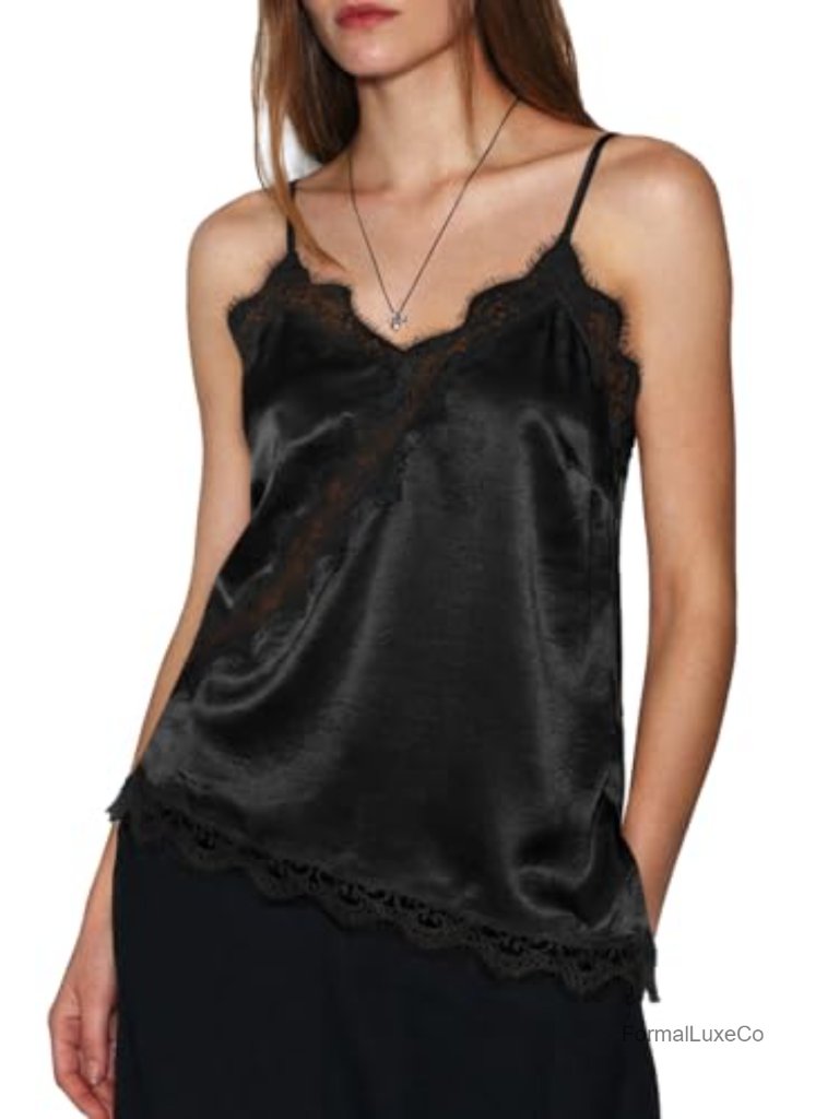 Satin Lace Trim V Neck Cami Top Spaghetti Strap Backless Asymmetrical Tank